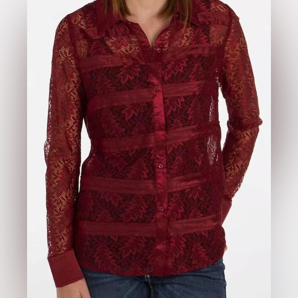 BKE Boutique red Lace, chiffon and satin button front shirt size XL #1476 - Picture 1 of 8